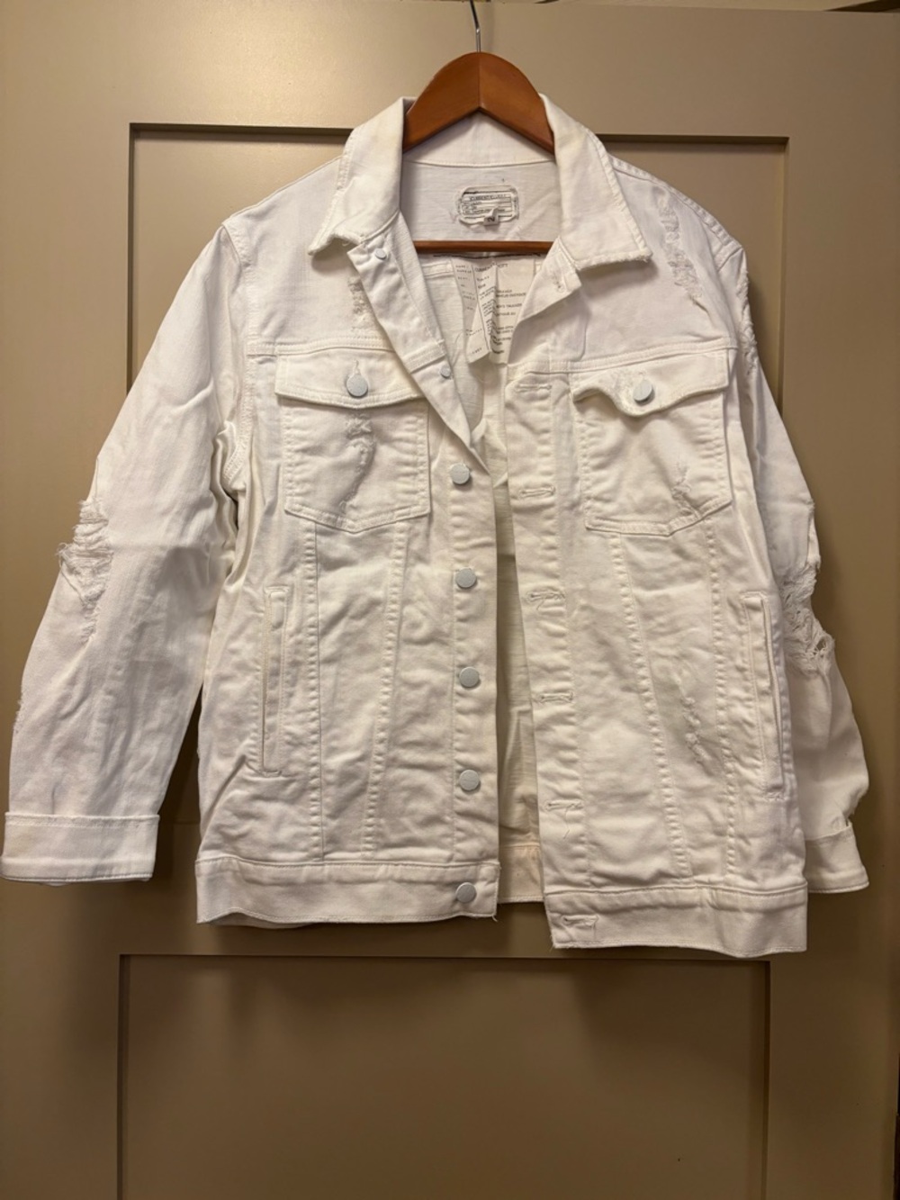 CURRENT/ELLIOTT Oversized Trucker Jean Jacket Distressed Tattered White Denim